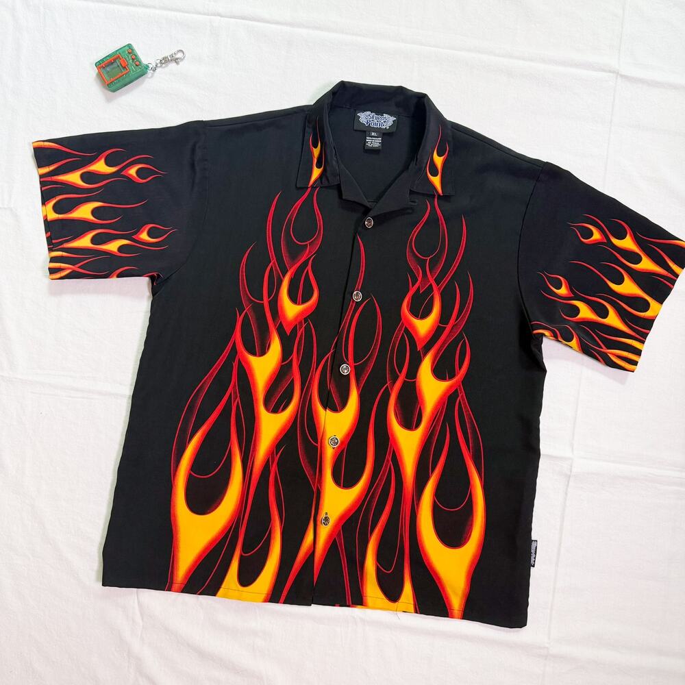 Vtg Y2K Silver Point Flames Button Up Shirt - M/L